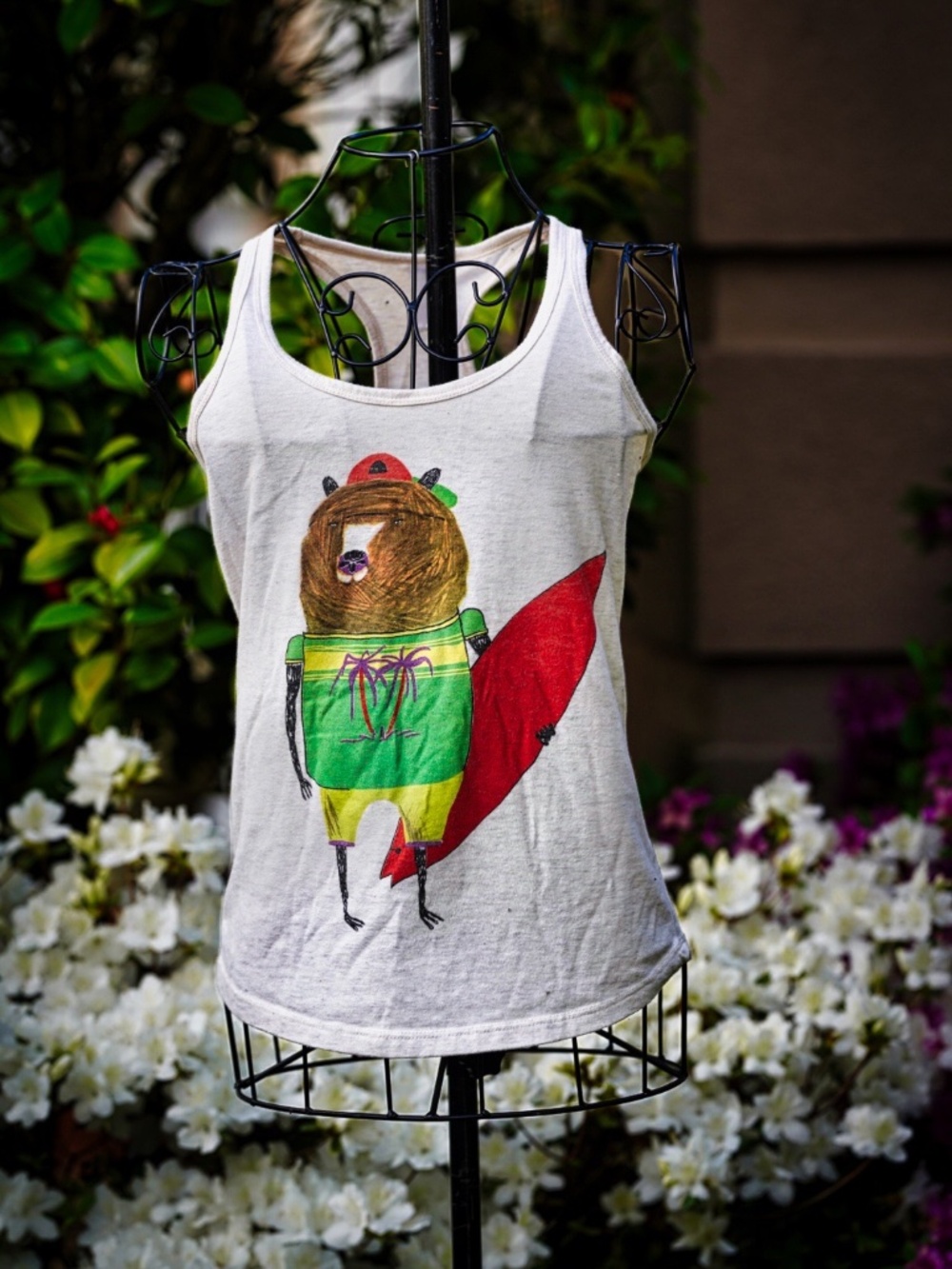 Hipster Surfer Bear Graphic Racerback Tank Top - Fun Quirky Summer Style